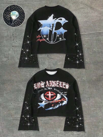 Street Life قميص تي شيرت رجالي مزين بطباعة العين والحرف والراين ستون