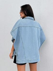 EURMUSE 100%Cotton Flap Pocket Batwing Sleeve Denim Jacket - Light Wash - View 2