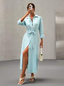 EURMUSE Baby Blue&White Color, Long Sleeve, Belted, Shirt Dress - Multicolor - View 4