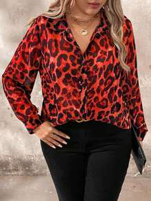EMERY ROSE Plus Size Fashionable Leopard Print Long Sleeve Shirt Fall Cloth For Women - Red - View 5