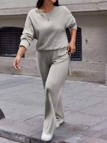 EURMUSE Cotton Plus Drop Shoulder Split Hem Tee & Pants - Grey - View 3