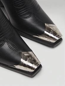 Solezae 魅力西部牛仔靴，黑色尖头粗跟中筒靴，假日夏季时尚鞋款，适合圣诞节和情人节 - 黑色 - 查看 7