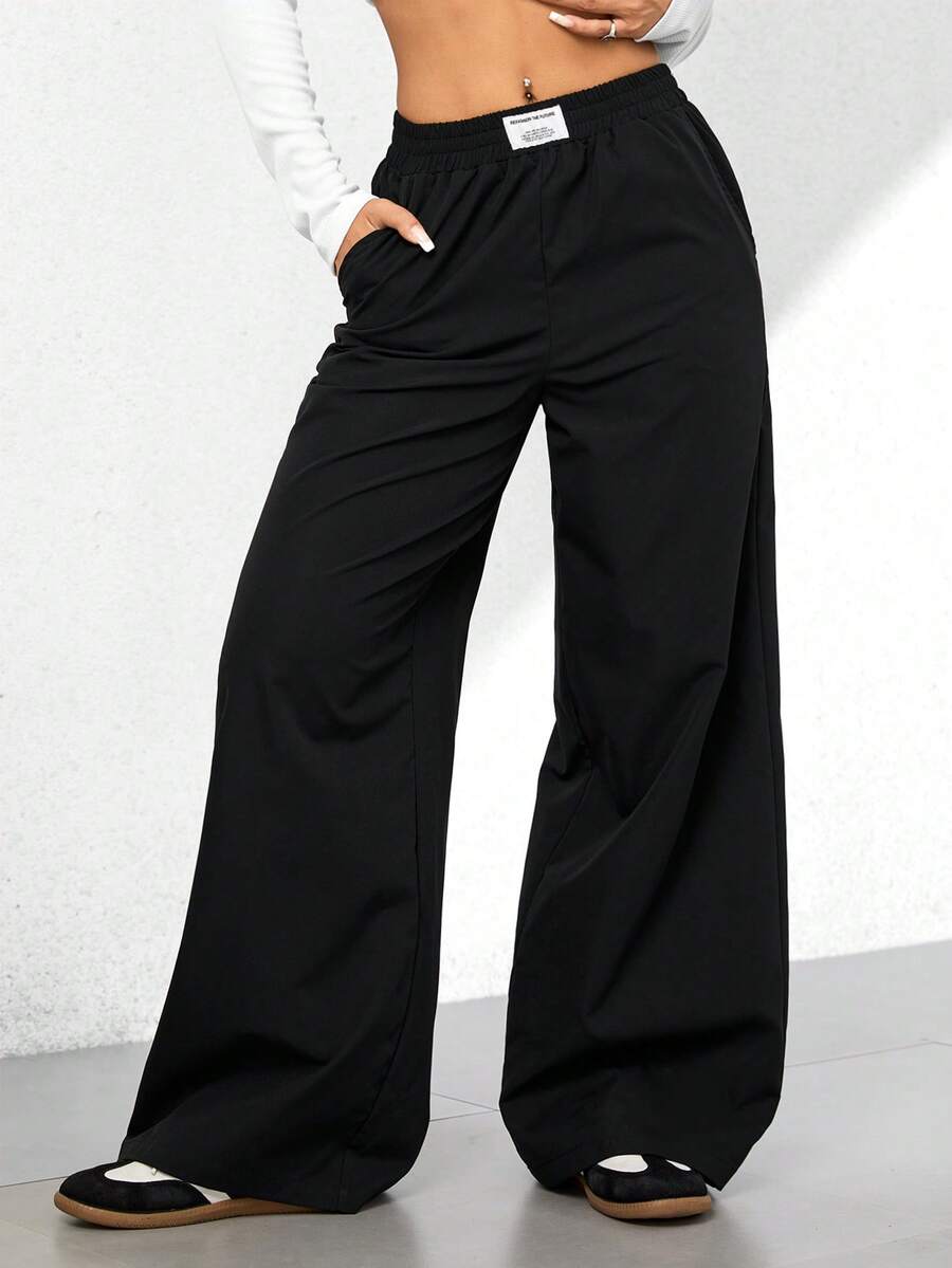 SHEIN PETITE 秋冬宽松休闲度假长袖黑色直筒长裤 - 黑色 - 查看 1