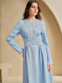 Anewsta Women's Elegant Round Neck Long Sleeve Printed Dress, Minimalist Design - Baby Blue - View 5