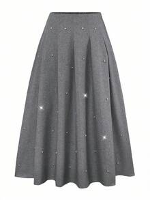 Modelyn Große Größen Faux-Leinen Strass Dekor Elastischer Bund Romantischer eleganter A-Linien Rock für Damen - Grau - Übersicht 1