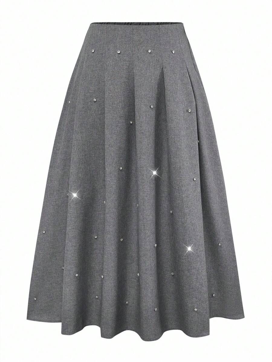Modelyn Große Größen Faux-Leinen Strass Dekor Elastischer Bund Romantischer eleganter A-Linien Rock für Damen - Grau - Übersicht 1