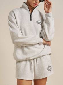 Airaco 女士休闲宽松长袖上衣和短裤两件套 - 淺灰色 - 查看 3