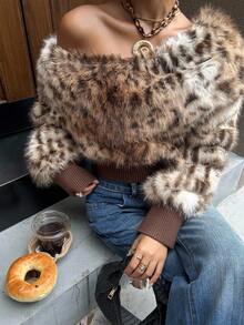 Muchica Women's Leopard Print Faux Fur Fluffy Oblique Off The Shoulder Long Sleeve Top,Gothic Women Clothes ,Y2k Clothes Women ,Winter Clothes For Women ,Streetwear - Multicolor - View 3