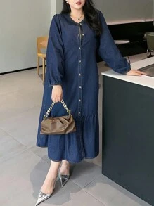Dazy Plus 深洗蓝半开领灯笼袖宽松长款牛仔连衣裙，秋季