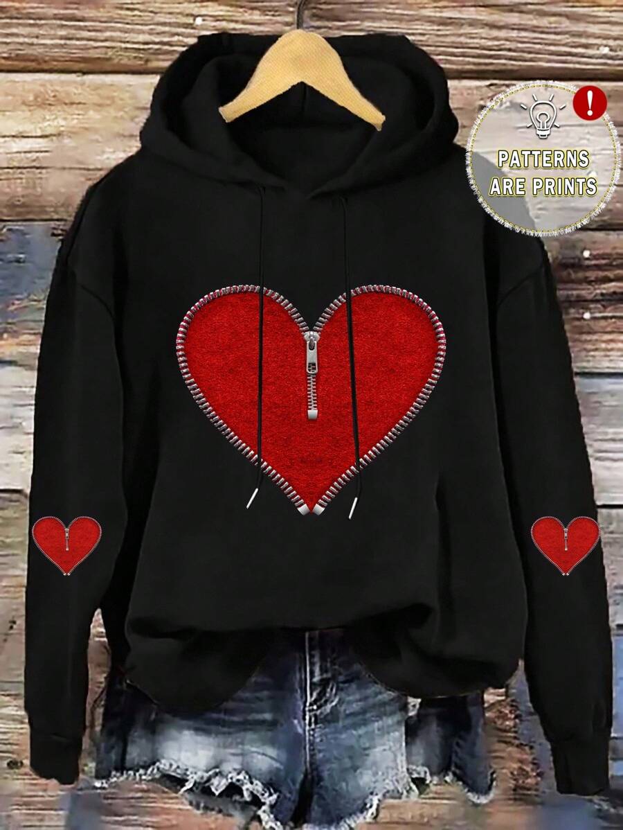 EMERY ROSE 休闲简约心形印花抽绳连帽衫，宽松厚款女式运动衫，秋冬女式连帽衫，黑色连帽衫，女式心形连帽衫，女式连帽衫，女式拉链连帽衫，秋季