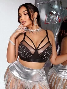 SHEIN 1 pieza Sujetador inalámbrico con decoración de strass coloridos para tallas grandes con espalda descubierta - Negro - Ver 3