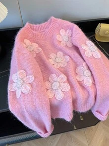 Franclia 休闲宽松圆领长袖针织串珠3D花卉装饰粉色女式套头衫，春秋 - 粉色 - 查看 3