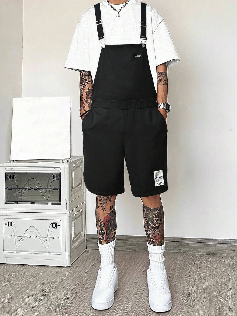 Claim Dot Men's Letter Graphic Pocket Loose Fit Bib Overalls Shorts