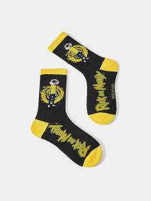 Rick and Morty X SHEIN 1 Pair Women's Colorblock Cartoon Figure Graphic Cute Crew Socks - Black - View 3