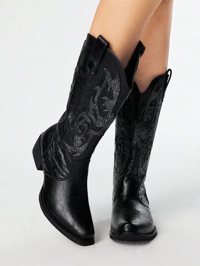 Grunge Punk Women's Retro Western Style Black Chunky Heel Mid-Calf Boots