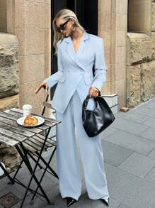 Aloruh Basic Solid Color Jacket And Pants Suit, Commute & Everyday Wear In Fall/Winter - Blue - View 1