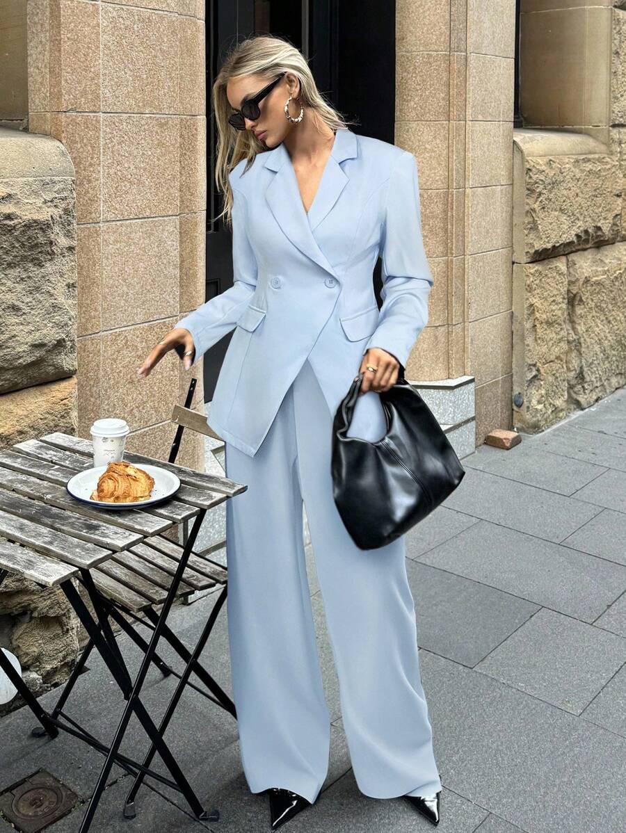 Aloruh Basic Solid Color Jacket And Pants Suit, Commute & Everyday Wear In Fall/Winter - Blue - View 1