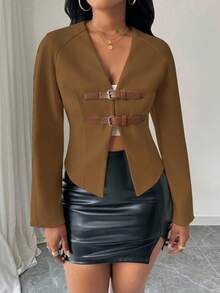 Zolique Chaqueta corta de unicolor, de moda para ir al trabajo, prenda de otoño/invierno para mujeres - Marrón - Ver 4