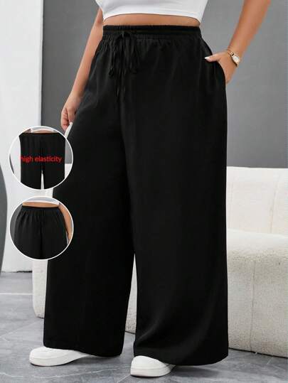 SHEIN CURVE+ 大码女装新款春夏商务休闲沙滩裤，时尚通勤优雅阔腿裤带口袋，海滩度假秋冬