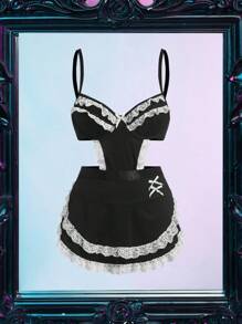 SHEIN 2 件女式撞色蕾丝短款上衣和丁字裤内衣套装，性感服装 - 黑色 - 查看 6