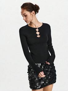 SHEIN X Jwoww Lumivelle 女士圆领镂空修身百搭长袖毛衣，适合通勤和度假，秋冬季 - 黑色 - 查看 5