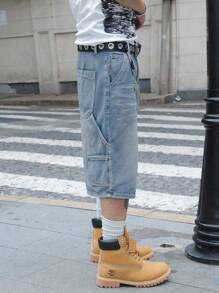 Manfinity EMRG Quần short denim ống rộng 5 điểm đơn giản, dáng rộng, có túi loe dành cho nam - Màu xanh lam - Xem 7