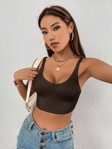 SHEIN Essnce Women's Ribbed Solid Color Cropped Fitted Camisole Top