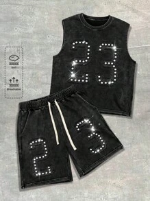 ROMWE MEN Prep Conjunto de top sin mangas y pantalones cortos casuales de verano para hombres con decoración de rhinestones - Negro - Ver 1