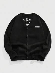 ROMWE MEN Men's Casual Versatile Letter Pattern Cardigan, Autumn/Winter, Grunge Style - Black - View 1