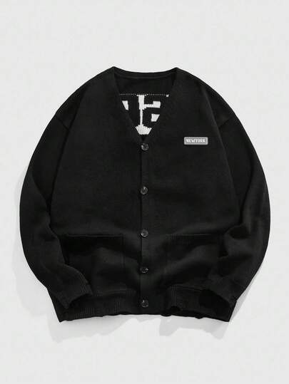 Street Life Men's Casual Versatile Letter Pattern Cardigan, Autumn/Winter, Grunge Style