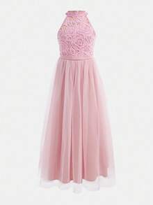 Tween Girl Woven Lace Mesh Sleeveless Snug Fit Dress - Pink - View 1