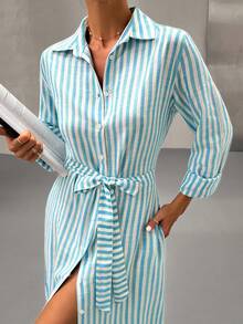 EURMUSE Baby Blue&White Color, Long Sleeve, Belted, Shirt Dress - Multicolor - View 6