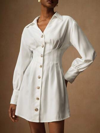 Vesra 女士简约纯色前扣腰连衣裙，通勤风格