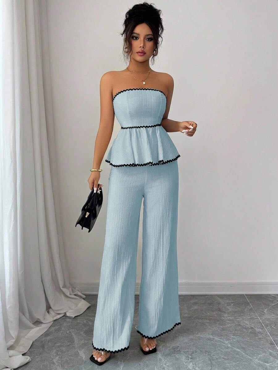 Elenzga Casual Fitted Ruffle Hem Bandeau Top And Wide Leg Pants Set - Blue - View 1