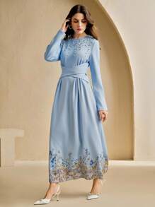 Anewsta Women's Elegant Round Neck Long Sleeve Printed Dress, Minimalist Design - Baby Blue - View 7