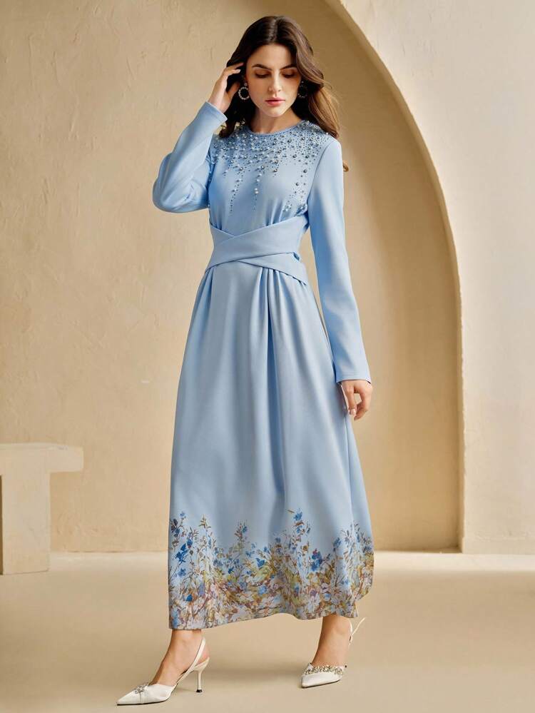 Women's Elegant Round Neck Long Sleeve Printed Dress, Minimalist Design