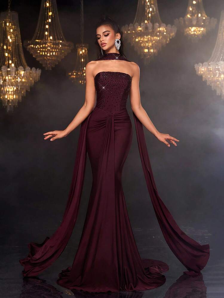 Glamrae Elegant, Luxurious, Rhinestone Embellished Sexy Bandeau Elastic Knit Mermaid Dress, Suitable For Weddings, Singles Parties, Vacations, Galas, Formal Events (Heavy Embellishment) - Burgundy - View 6