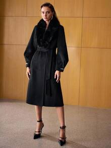 MOTF PREMIUM ABRIGO LARGO DE LANA CON CUELLO DE PELO SINTÉTICO CONTRASTANTE, OTOÑO/INVIERNO - Negro - Ver 5