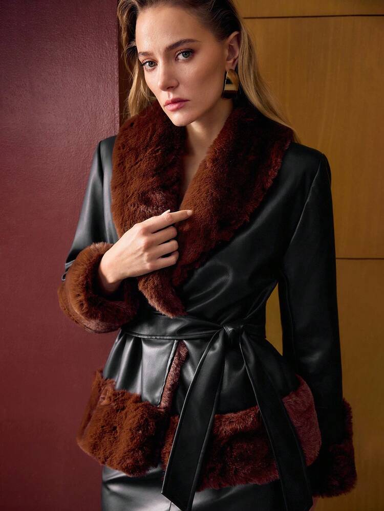 PU LEATHER CONTRAST FUZZY PANEL SHAWL COLLAR BELTED COAT , FALL WINTER