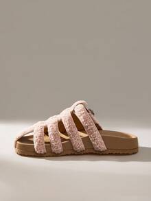 Solecia 女士时尚棕色露趾休闲系带舒适平底凉鞋，适合春夏季节 - 粉色 - 查看 3