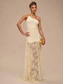 SHEIN BAE 杏色不对称肩部无袖连衣裙，配金属纽扣和半透明蕾丝下摆，适合秋冬季节，可用于鸡尾酒会、浪漫约会、秋冬季内搭、派对、正式聚会、晚间外出、婚礼派对礼服、万圣节服装等场合。 - 杏色 - 查看 6