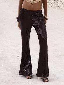 MUSERA Quần ống loe cạp thấp đính sequin, thích hợp cho buổi tối đi chơi, sinh nhật, tiệc tùng thanh lịch, mùa hè, phong cách thường ngày. - Cà phê nâu - Xem 2