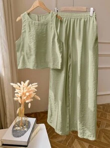 2pcs/Set Women Solid Color Sleeveless Top And Leggings Set