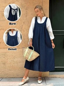 SHEIN Maternity Fall Autumn Back To School Homecoming Halloween Y2k Cute Birthday Outfit Night Out Going Out Club Outfit Airport Outfit Business Casual Woman Country Vintage Modest Old Money Business Casual Woman Work Clothes Teacher Outfits For Women Church Outfits Women Solid Color Casual Sleeveless Blue Denim Dress Can Be Worn In Two Ways: Front Or Back - Blue - View 8