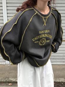 FRIFUL 女士圆领撞色针脚拼布正面字母印花装饰宽松灯笼袖保暖内衬厚款卫衣秋冬 Y2k 卫衣华夫格针织卫衣刺绣卫衣超大码卫衣撞色针脚卫衣 - 灰色 - 查看 1