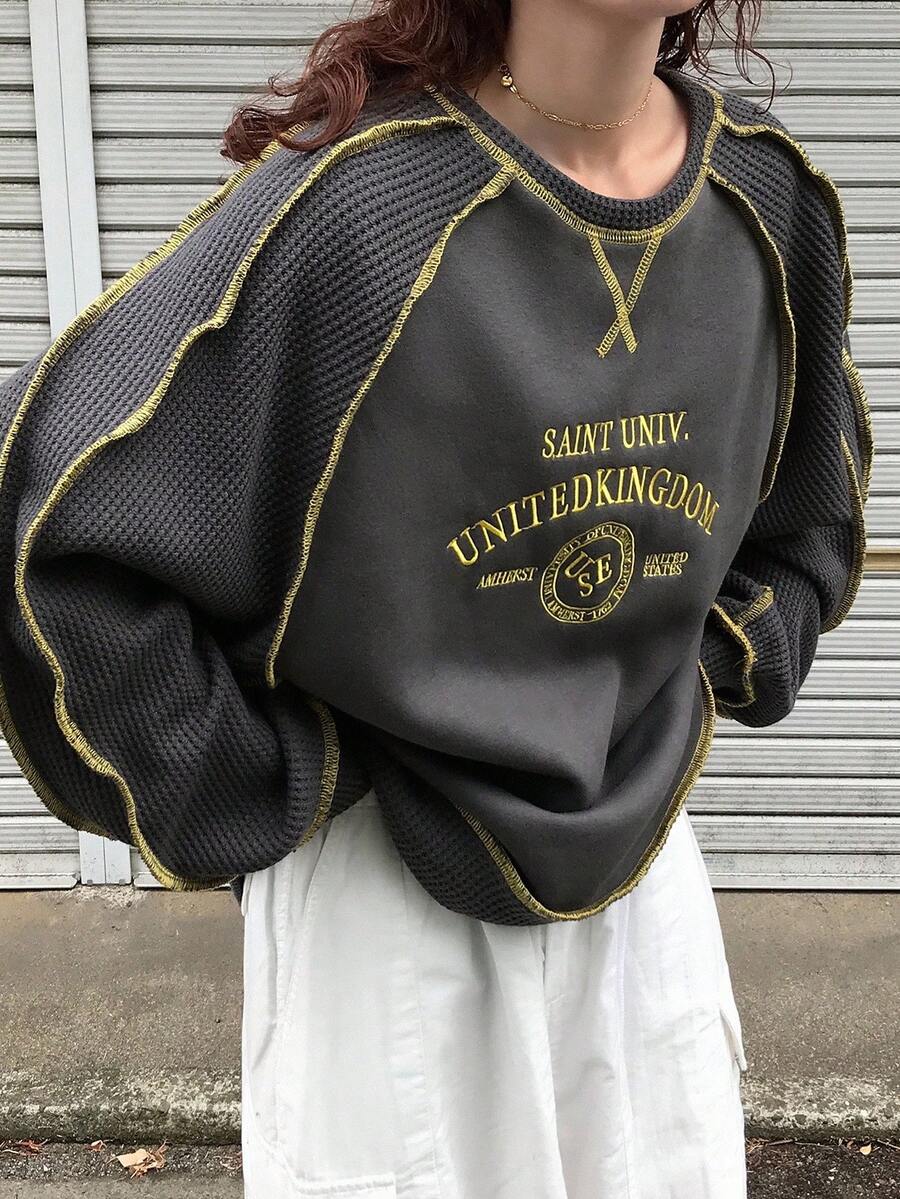 FRIFUL 女士圆领撞色针脚拼布正面字母印花装饰宽松灯笼袖保暖内衬厚款卫衣秋冬 Y2k 卫衣华夫格针织卫衣刺绣卫衣超大码卫衣撞色针脚卫衣 - 灰色 - 查看 1