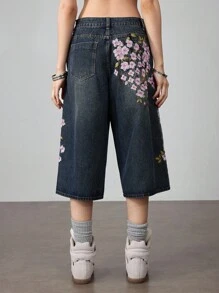 ROMWE Grunge Punk 复古 Y2K 街头中国风虎纹花卉刺绣宽松阔腿牛仔裤，男女通用 - 藍色 - 查看 5