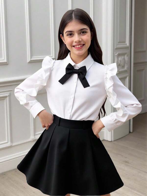 Tween Girls Fashionable Retro White Collar Shirt With Ruffle Sleeve Design, Black Bow Accent, Casual Campus Style