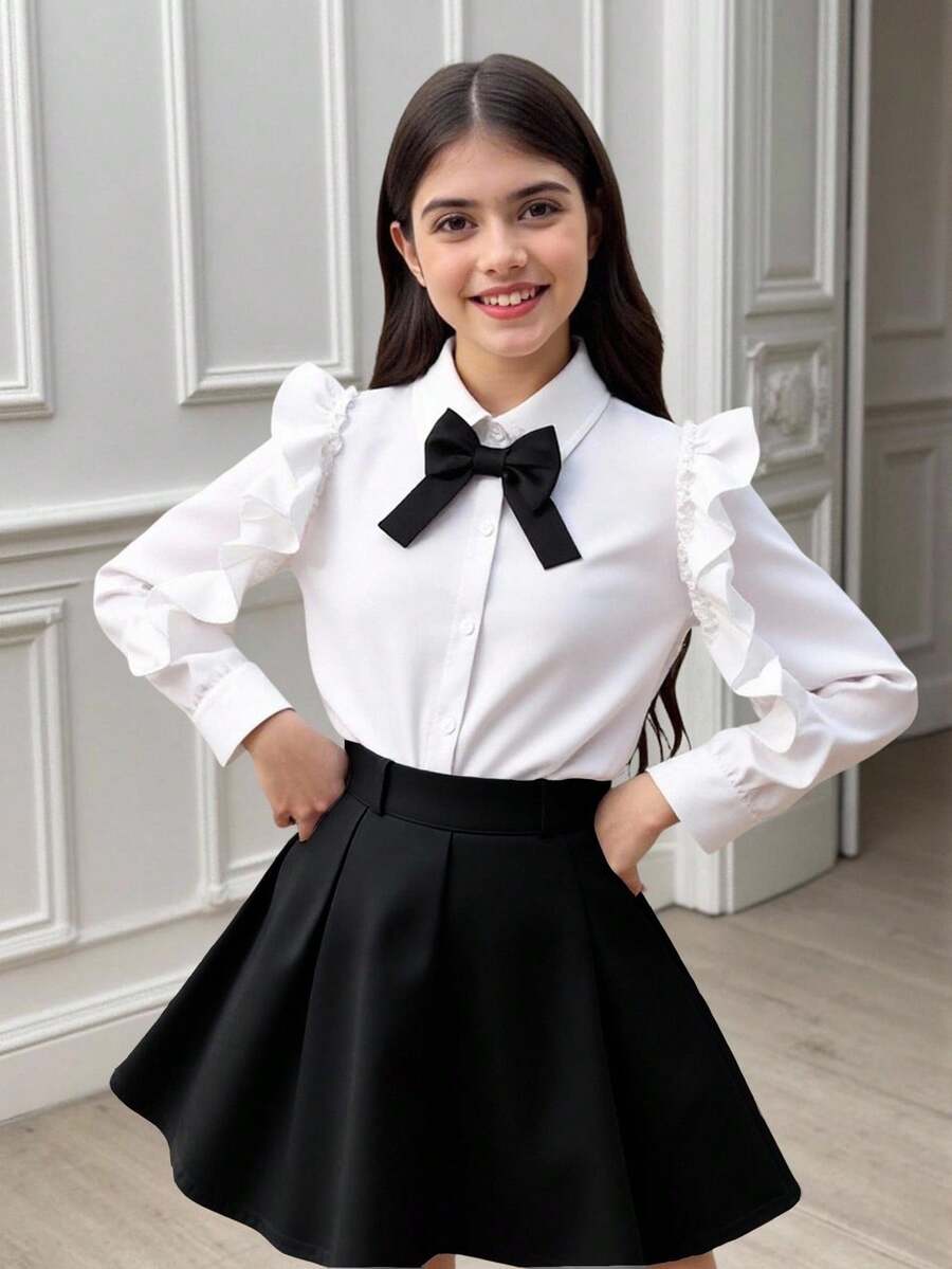 青春期女孩时尚复古白领衬衫，荷叶边袖设计，黑色蝴蝶结装饰，休闲校园风格 - 白色 - 查看 1
