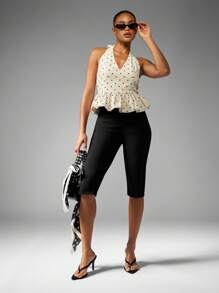 MISSGUIDED Polka Dot Halter Top Peplum Blouse Summer Retro V Neck Bubble Hem Sleeveless Blouse Fashion Party Evening Casual Peplum Top